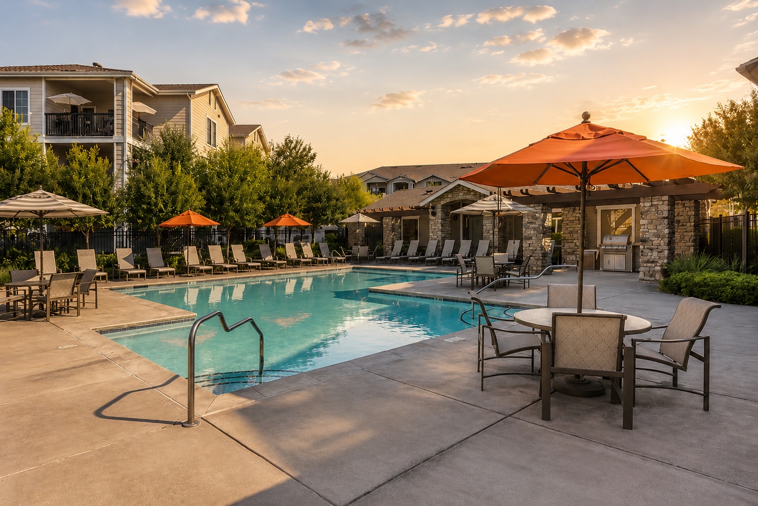 Pool and courtyard at a rental housing community