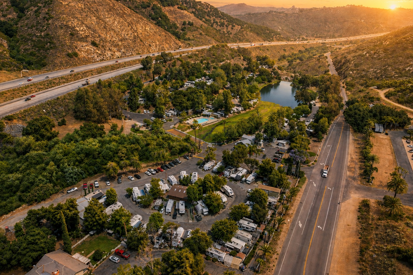 Aerial view of a long-term RV community